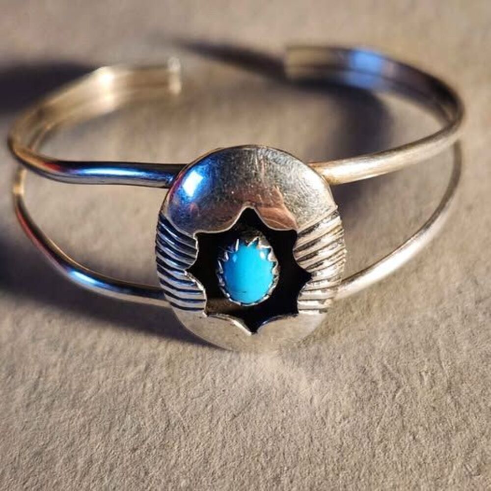 Vintage Navajo Baby/Child Sterling Silver & Turquoise Shadowbox Cuff – Stamped "